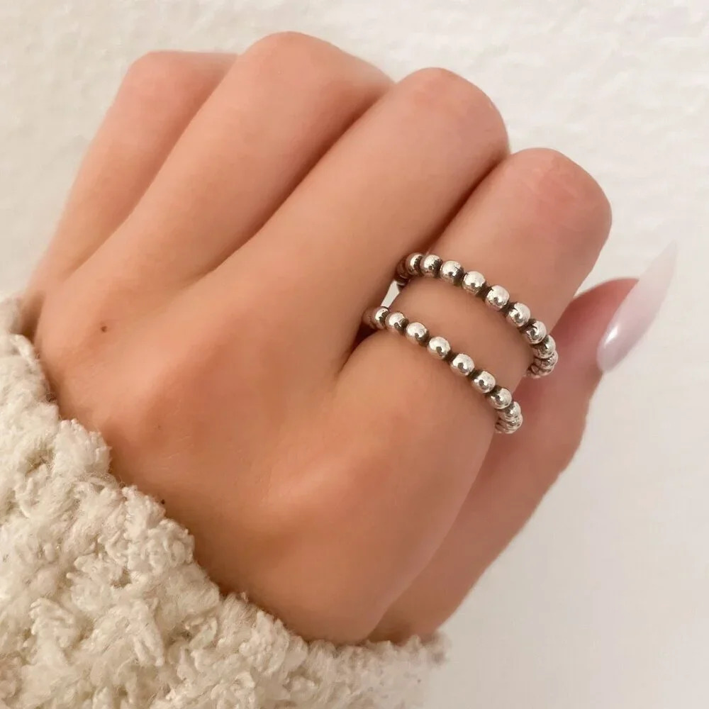 925 Sterling Silver Minimalist Bead Double Layer Ring Stackable Ring